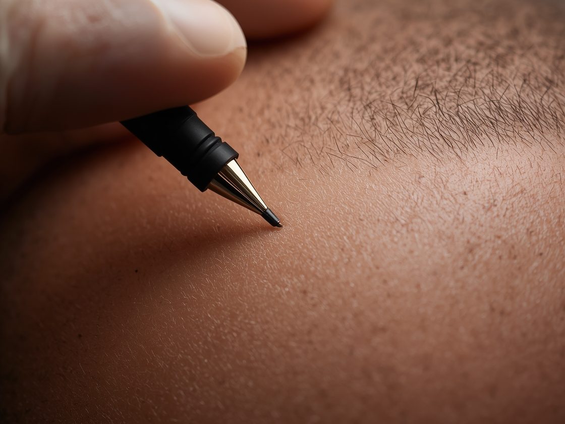 Macro of the micropigmentation pen placing fine impressions