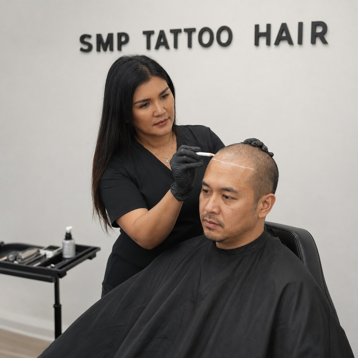 Phairin drawing a client's new hairline with a white pencil before the session