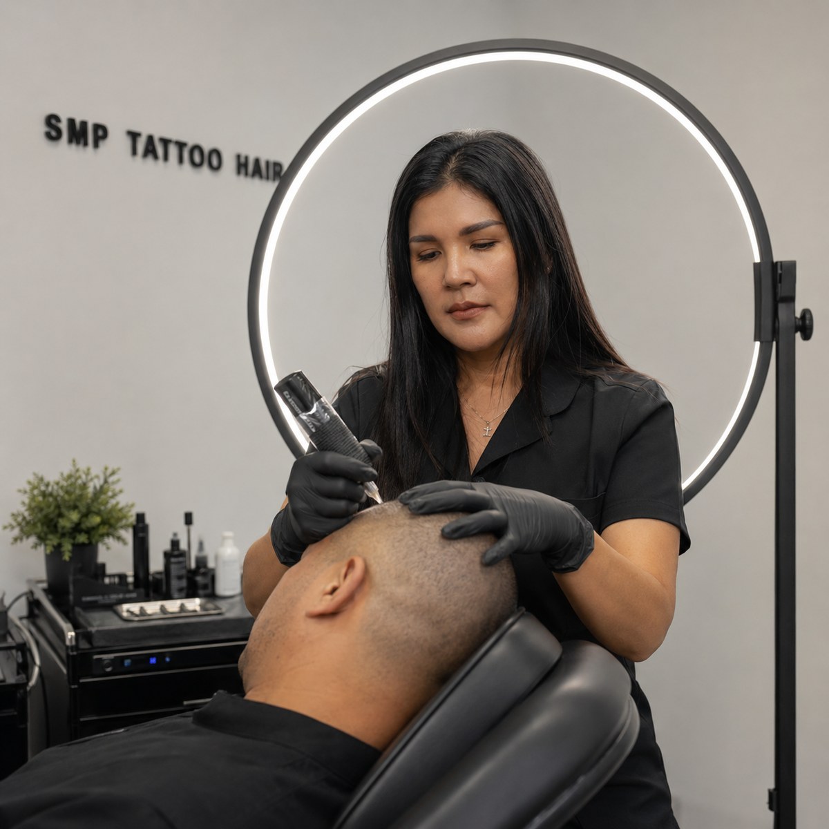 Phairin working under the ring light at SMP Tattoo Hair
